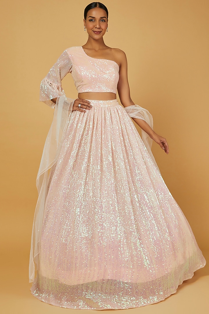 Peach Embroidered Wedding Lehenga Set by Kalighata at Pernia's Pop Up Shop