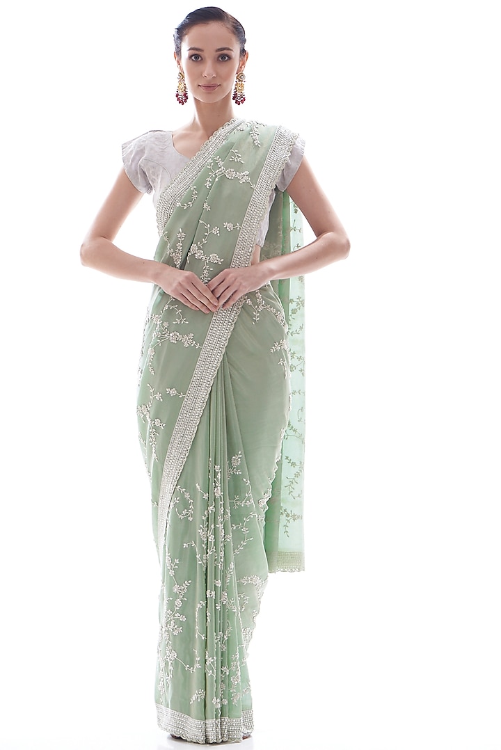 Ice Blue Organza Embellished Saree Set by Kalighata