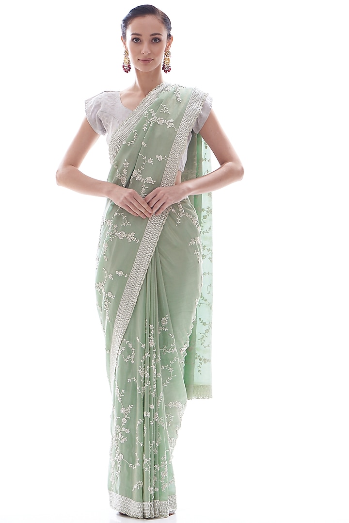 Aqua Organza Embellished Saree Set by Kalighata