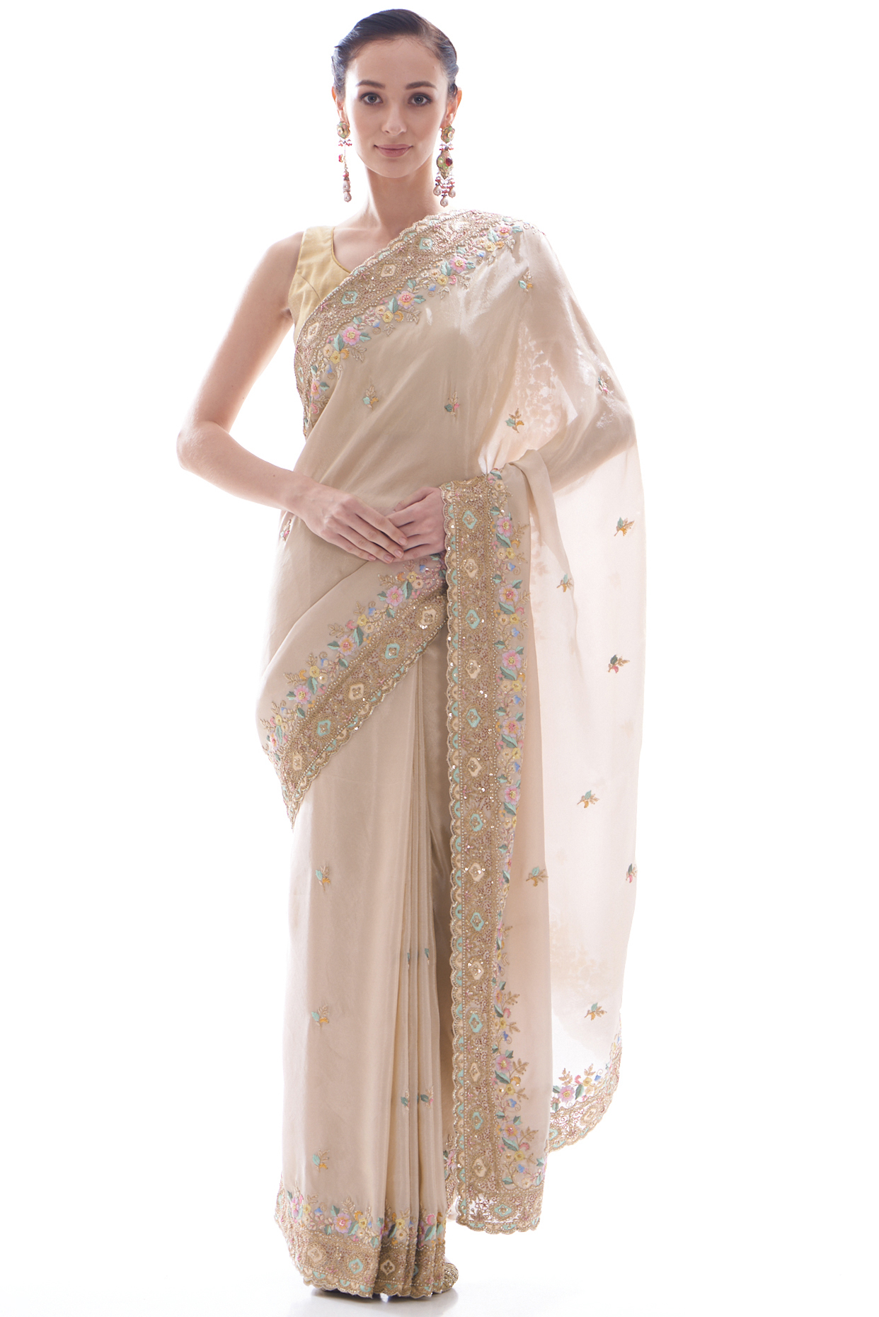 Blush Pink Organza Embellished Saree Set by Kalighata