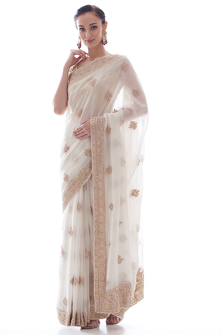 Off-White Organza Embellished Saree Set by Kalighata