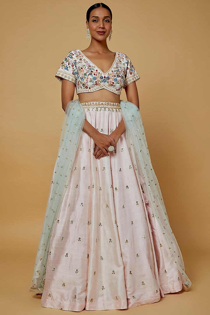 Blush Pink Embroidered Wedding Lehenga Set by Kalighata at Pernia's Pop Up Shop