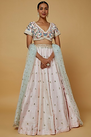 Blush Pink Embroidered Lehenga Set by Kalighata