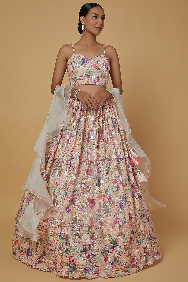 Peach Printed Wedding Lehenga Set by Kalighata at Pernia's Pop Up Shop