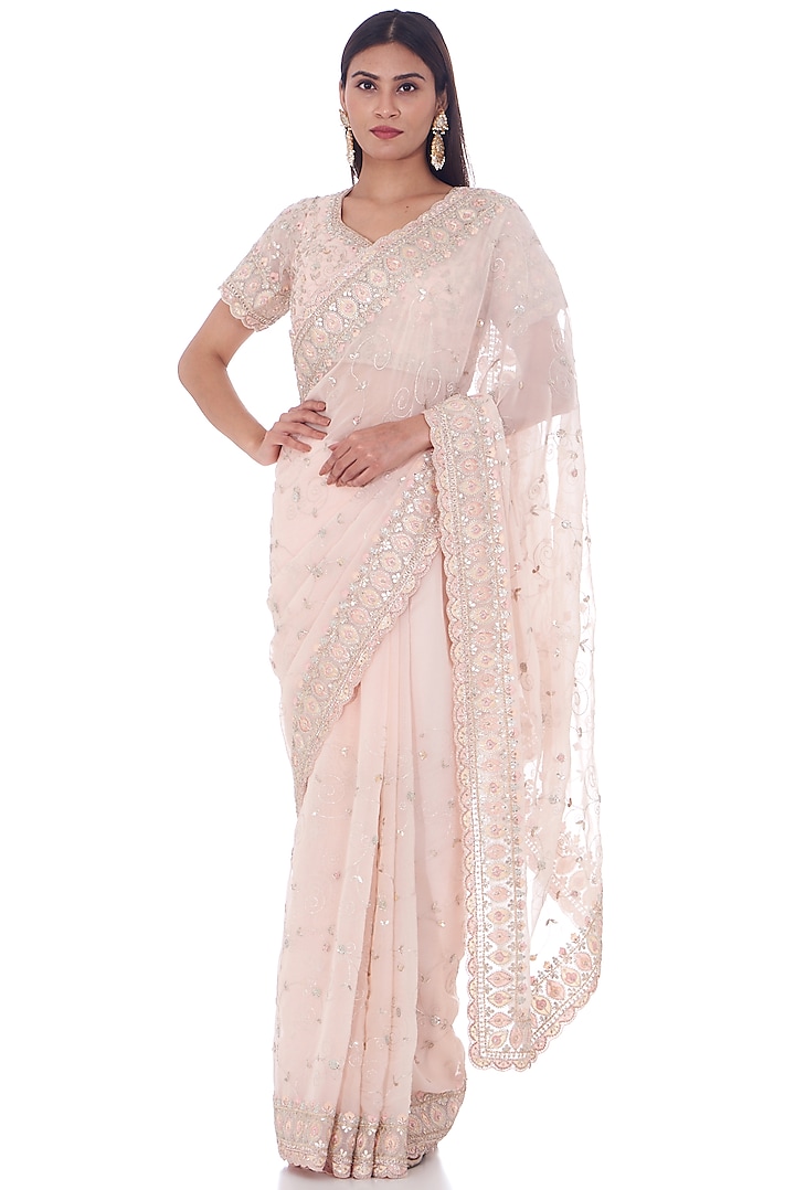 Peach Tissue Organza Embroidered Saree Set by Kalighata