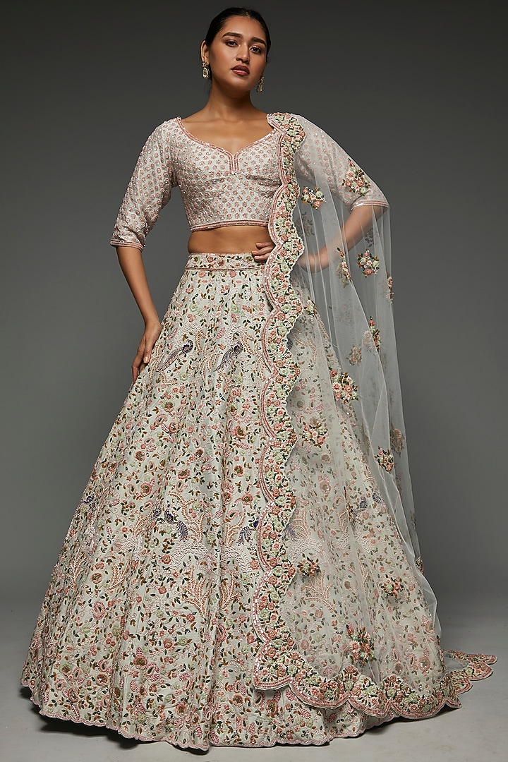 Ice Blue Raw Silk Embroidered Bridal Lehenga Set by Kalighata at Pernia's Pop Up Shop
