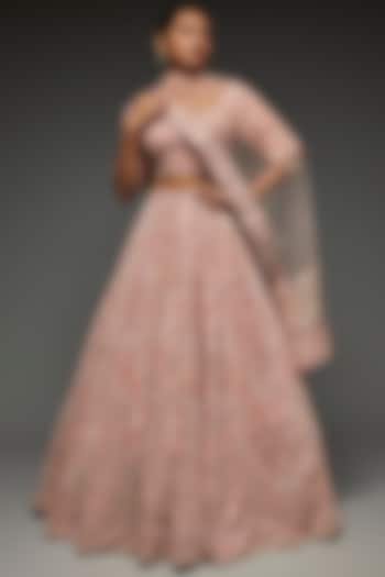 Peach Velvet Embroidered Bridal Lehenga Set by Kalighata at Pernia's Pop Up Shop