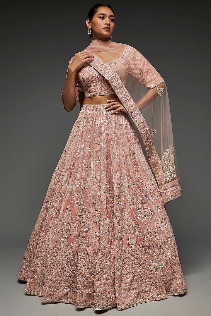 Peach Velvet Embroidered Bridal Lehenga Set by Kalighata at Pernia's Pop Up Shop