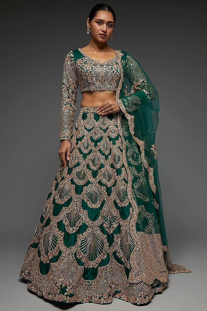 Emerald Green Net Embellished Bridal Lehenga Set by Kalighata at Pernia's Pop Up Shop