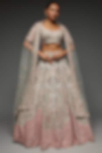 Peach Raw Silk Embroidered Bridal Lehenga Set by Kalighata at Pernia's Pop Up Shop