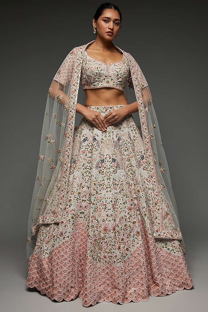 Peach Raw Silk Embroidered Bridal Lehenga Set by Kalighata at Pernia's Pop Up Shop