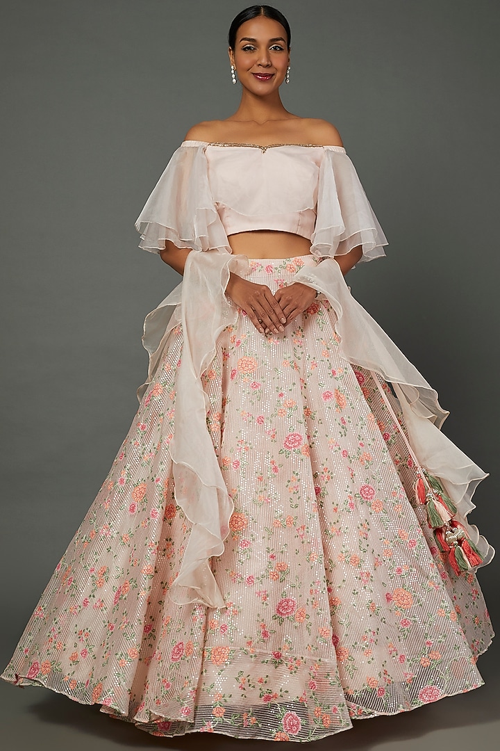 Peach Embroidered Wedding Lehenga Set by Kalighata at Pernia's Pop Up Shop