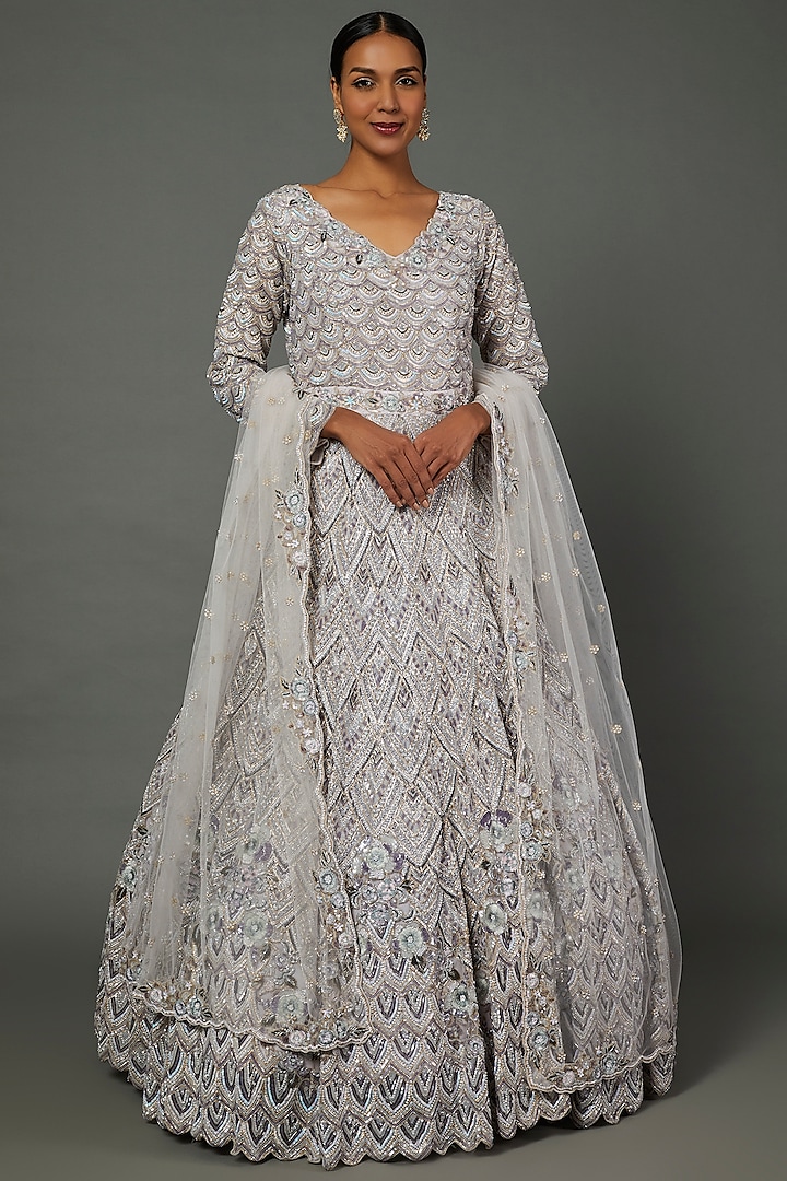 Lilac Embellished Gown With Dupatta by Kalighata