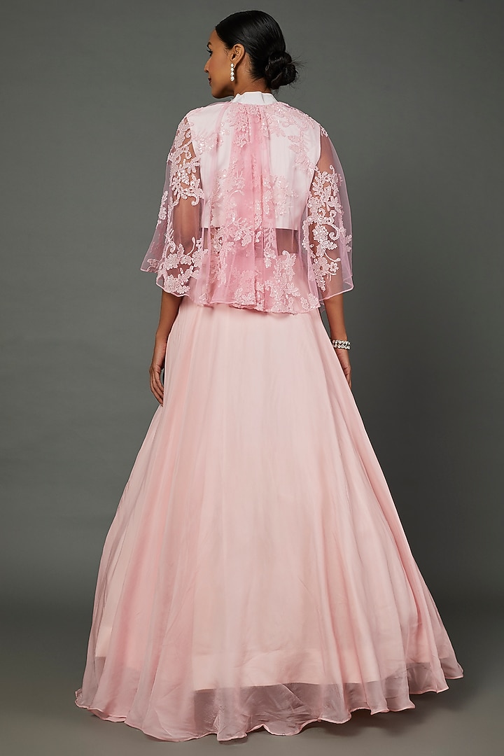 Pink Organza Hand Embroidered Ruffled Bridal Lehenga Set by Kalighata at Pernia's Pop Up Shop