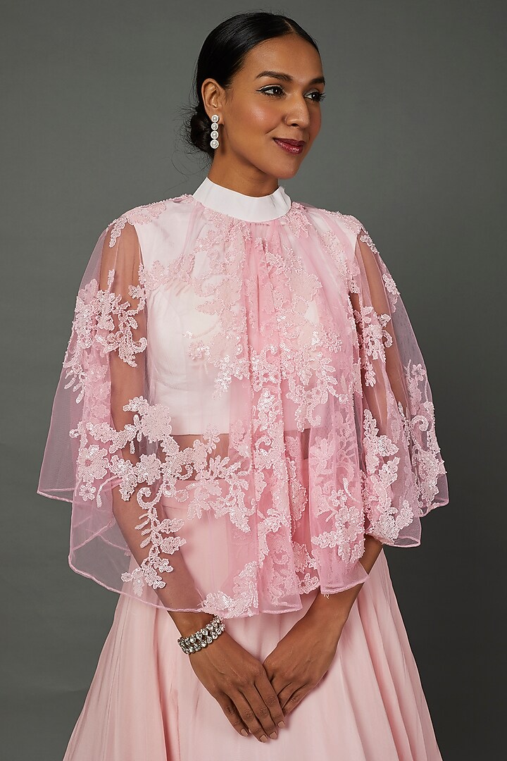 Pink Organza Hand Embroidered Ruffled Bridal Lehenga Set by Kalighata at Pernia's Pop Up Shop