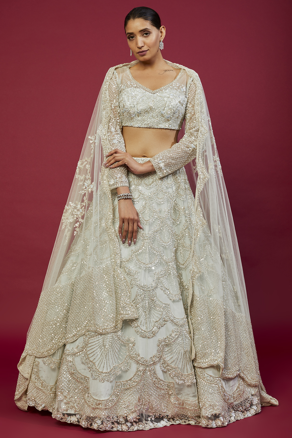 Ice Blue Net Sequins Embellished Bridal Lehenga Set by Kalighata at Pernia's Pop Up Shop