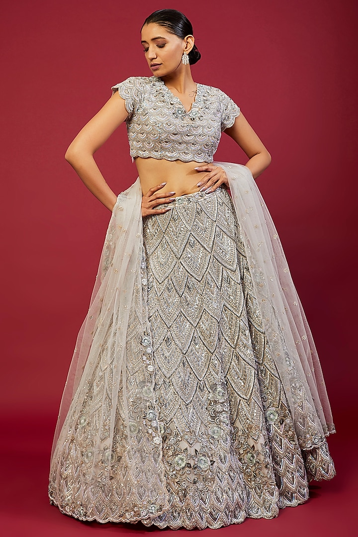 Grey Net Sequins Embellished Bridal Lehenga Set by Kalighata at Pernia's Pop Up Shop