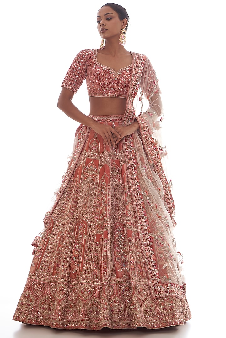 Pink Raw Silk Hand Embroidered Bridal Lehenga Set by Kalighata at Pernia's Pop Up Shop