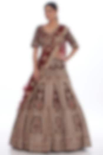 Maroon Raw Silk Hand Embroidered Bridal Lehenga Set by Kalighata at Pernia's Pop Up Shop