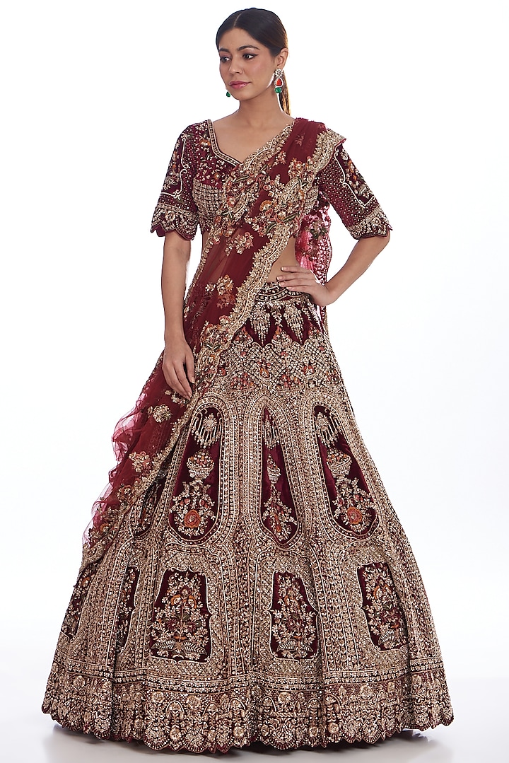 Maroon Raw Silk Hand Embroidered Bridal Lehenga Set by Kalighata at Pernia's Pop Up Shop