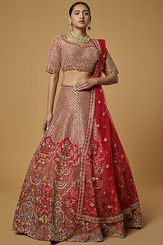 Red Embroidered Lehenga Set by Kalighata