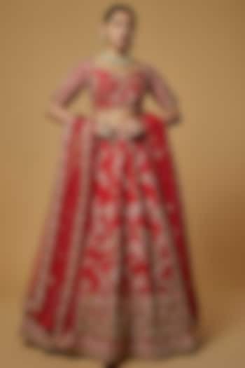 Red Raw Silk Embellished Lehenga Set by Kalighata