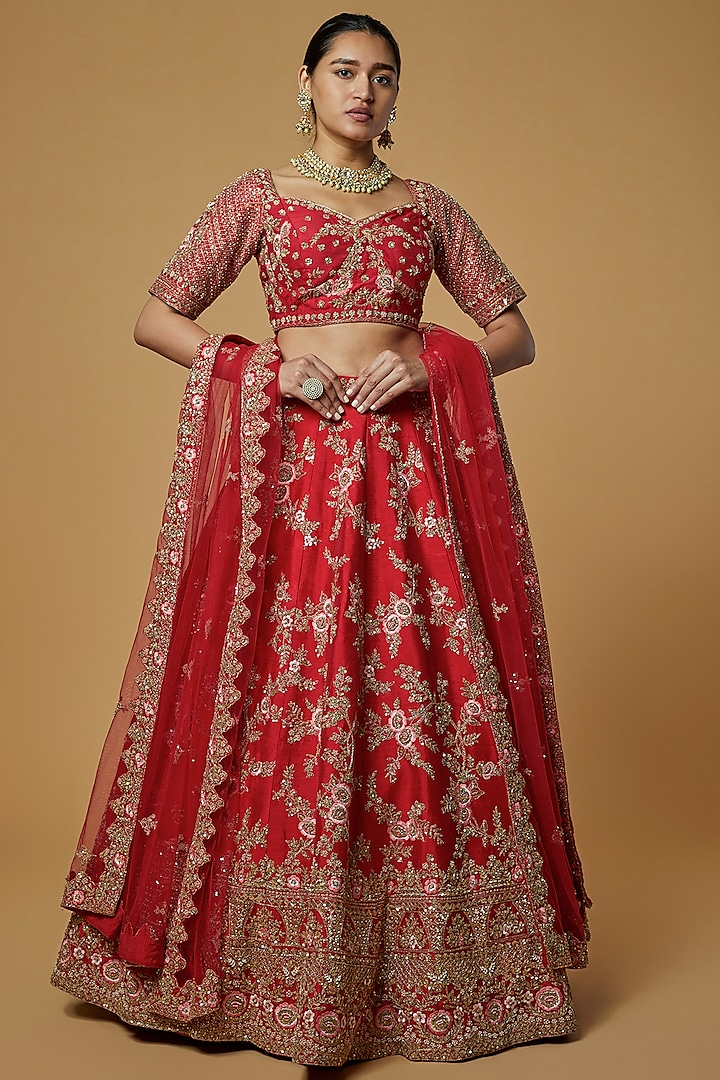 Red Raw Silk Embellished Lehenga Set by Kalighata