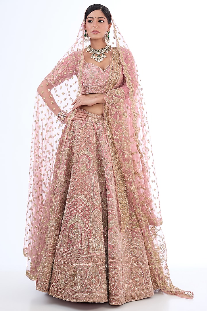 Pink Velvet Zardosi Hand & Machine Embroidered Lehenga Set by Kalighata