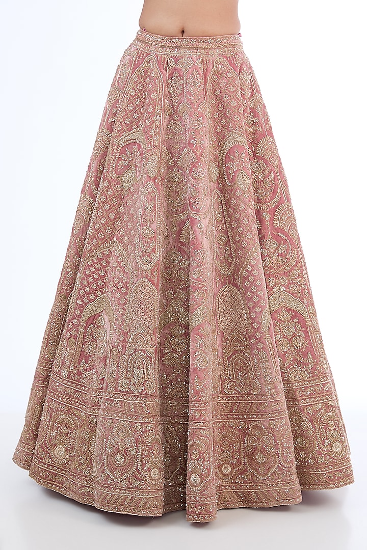 Pink Velvet Zardosi Hand & Machine Embroidered Bridal Lehenga Set by Kalighata at Pernia's Pop Up Shop