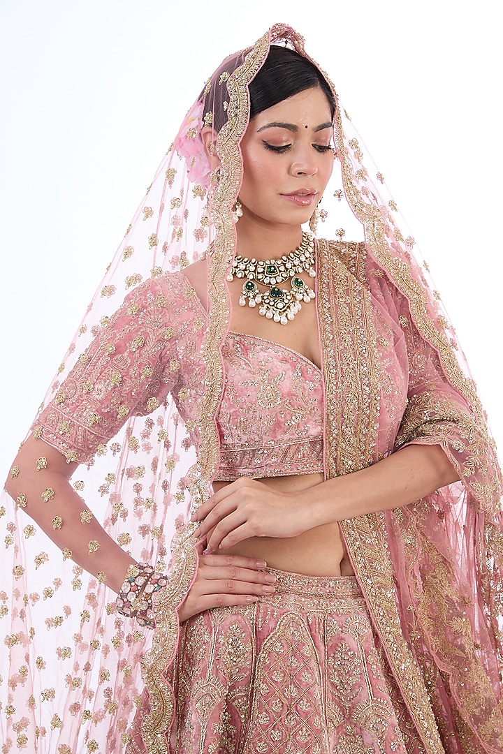 Pink Velvet Zardosi Hand & Machine Embroidered Bridal Lehenga Set by Kalighata at Pernia's Pop Up Shop