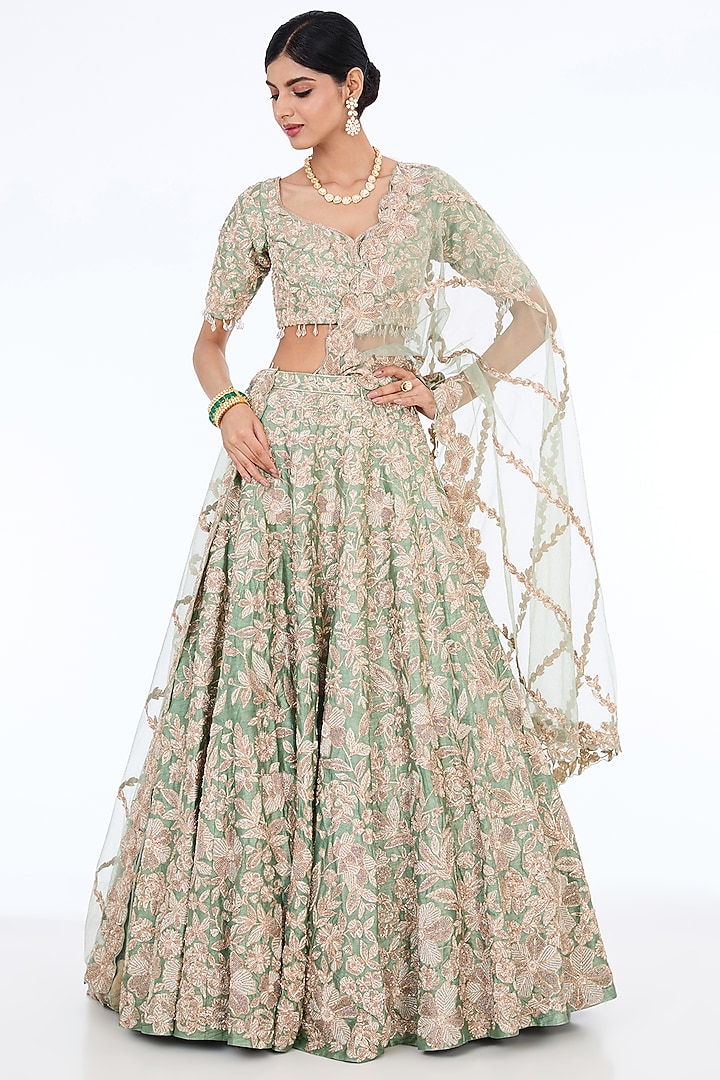 Ice Blue Raw Silk Hand Embroidered Bridal Lehenga Set by Kalighata at Pernia's Pop Up Shop
