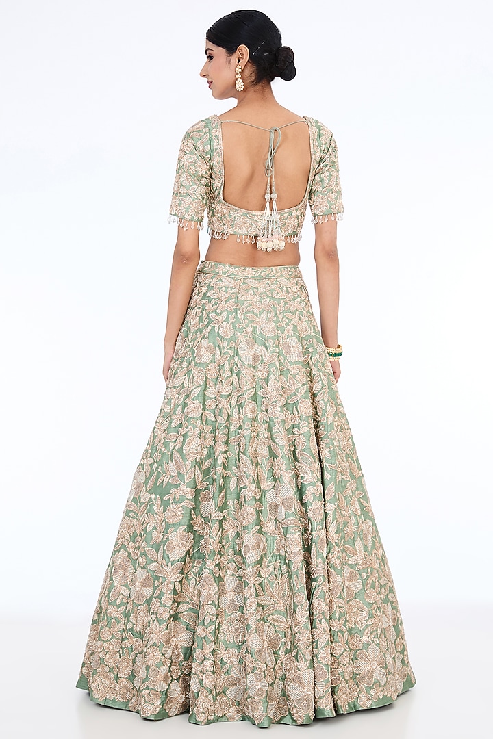 Ice Blue Raw Silk Hand Embroidered Bridal Lehenga Set by Kalighata at Pernia's Pop Up Shop