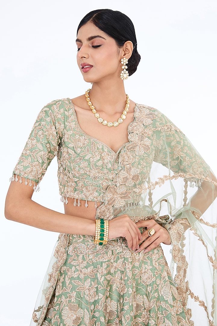 Ice Blue Raw Silk Hand Embroidered Bridal Lehenga Set by Kalighata at Pernia's Pop Up Shop