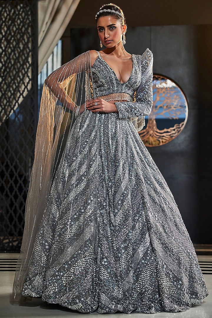 Grey Organza Hand Embroidered Bridal Lehenga Set by Kalighata at Pernia's Pop Up Shop