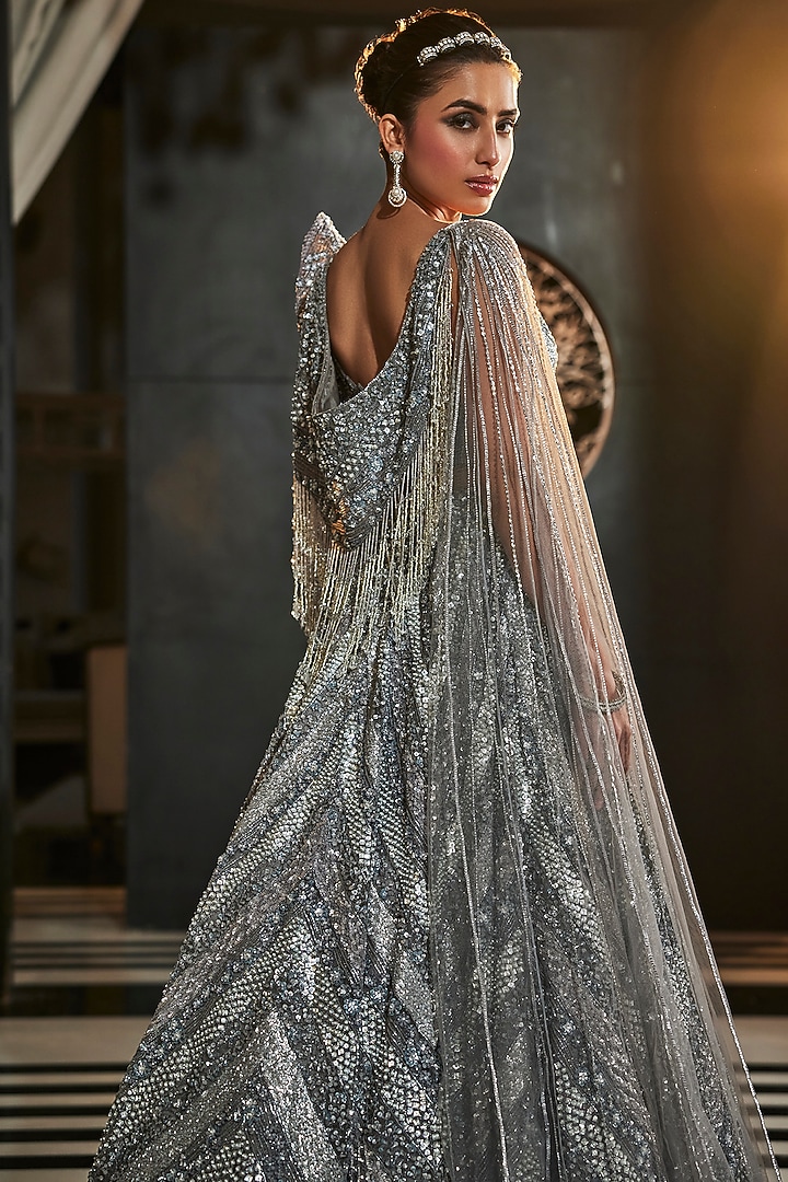 Grey Organza Hand Embroidered Bridal Lehenga Set by Kalighata at Pernia's Pop Up Shop