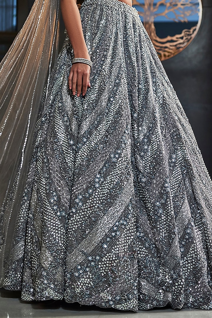 Grey Organza Hand Embroidered Bridal Lehenga Set by Kalighata at Pernia's Pop Up Shop