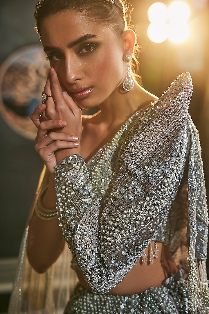 Grey Organza Hand Embroidered Bridal Lehenga Set by Kalighata at Pernia's Pop Up Shop