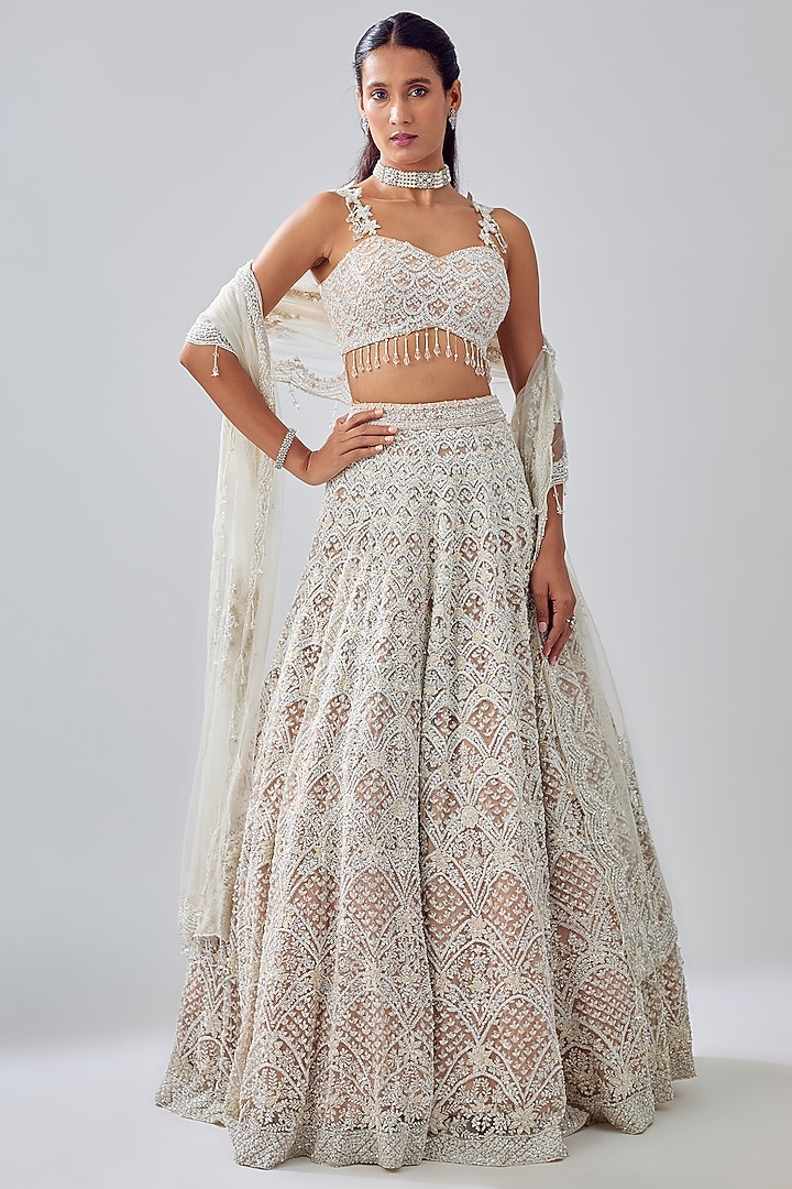 White Net Sequin & Cutdana Embroidered Bridal Lehenga Set by Kalighata at Pernia's Pop Up Shop