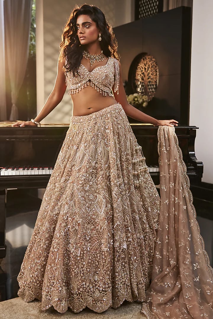 Gold Organza Hand Embroidered Bridal Lehenga Set by Kalighata at Pernia's Pop Up Shop
