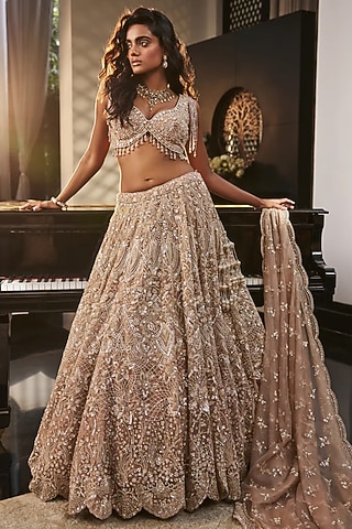 Gold Organza Hand Embroidered Lehenga Set by Kalighata