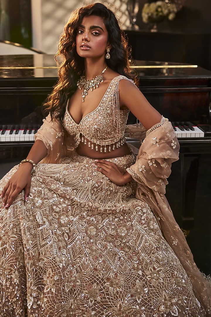 Gold Organza Hand Embroidered Bridal Lehenga Set by Kalighata at Pernia's Pop Up Shop