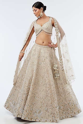 Champagne Gold Cutdana Hand Work Lehenga Set by Kalighata