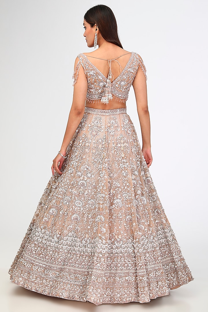 Peach Organza Hand & Machine Embroidered Bridal Lehenga Set by Kalighata at Pernia's Pop Up Shop