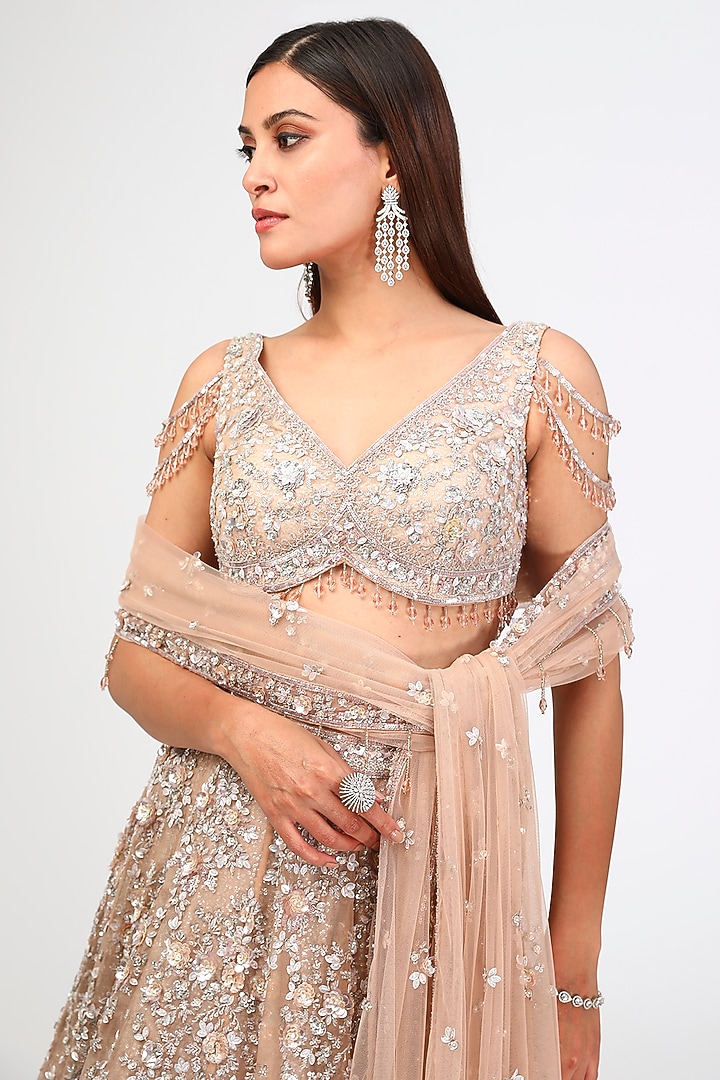 Peach Organza Hand & Machine Embroidered Bridal Lehenga Set by Kalighata at Pernia's Pop Up Shop