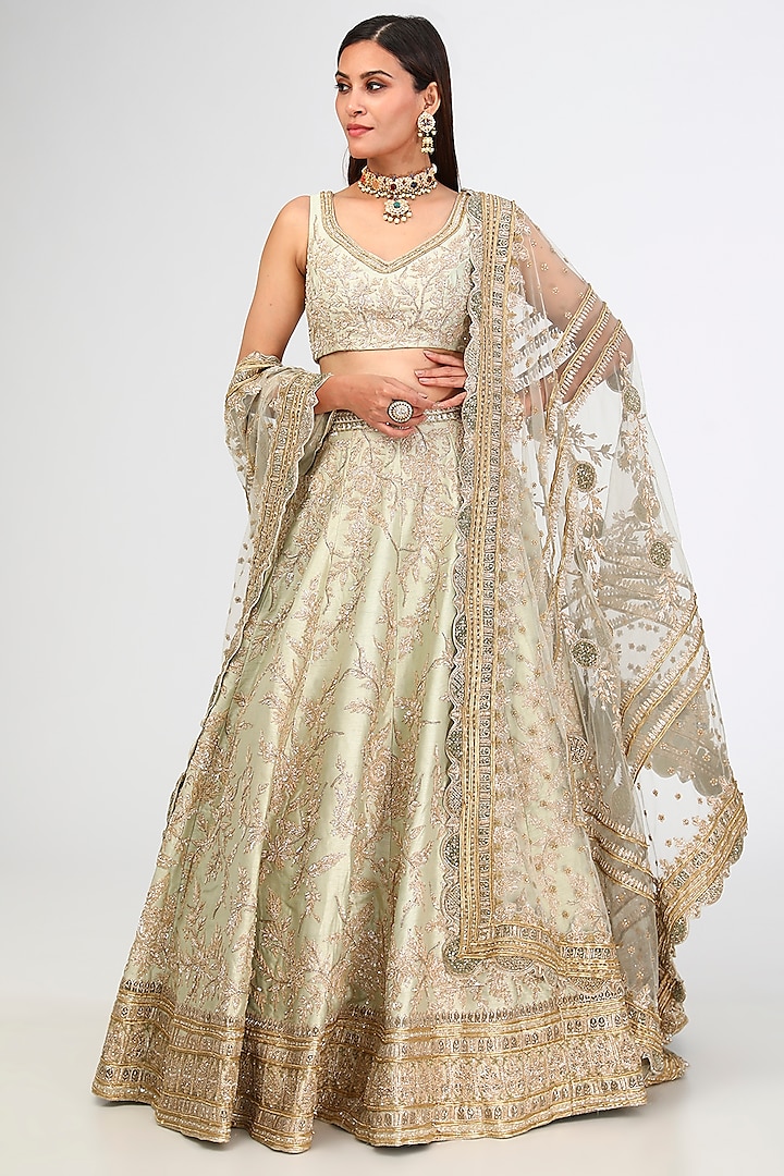 Mint Raw Silk Zardosi Hand & Machine Embroidered Wedding Lehenga Set by Kalighata at Pernia's Pop Up Shop