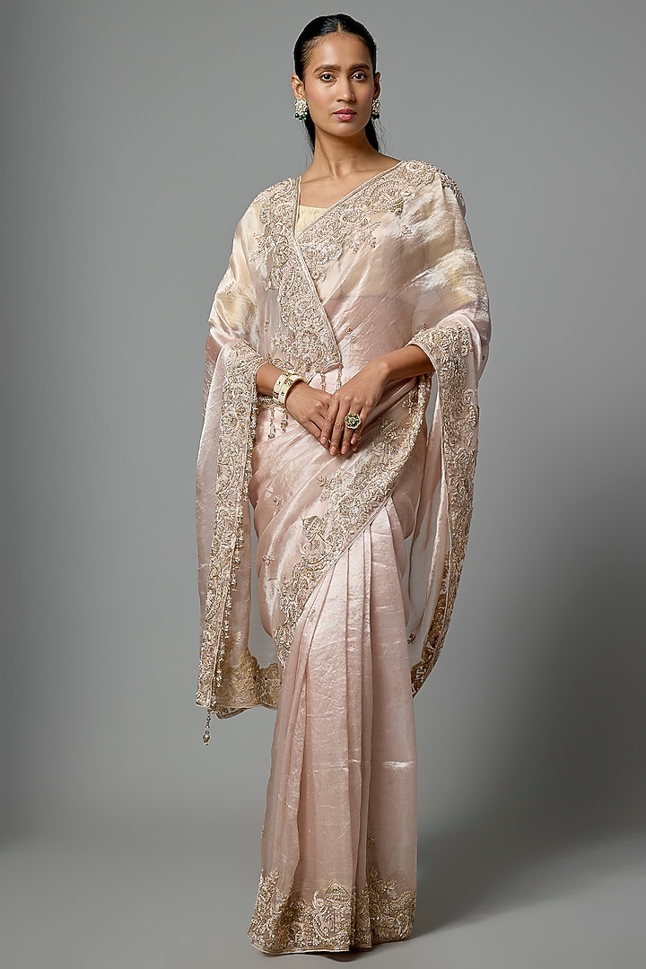 Pink Tissue Embroidered Reception Saree Set by Kalighata at Pernia's Pop Up Shop