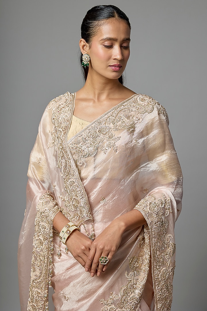 Pink Tissue Embroidered Bridal Saree Set by Kalighata at Pernia's Pop Up Shop