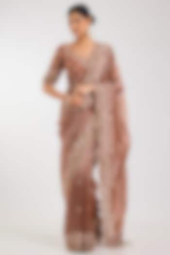Deep Gold Tissue Embroidered Bridal Saree Set by Kalighata at Pernia's Pop Up Shop