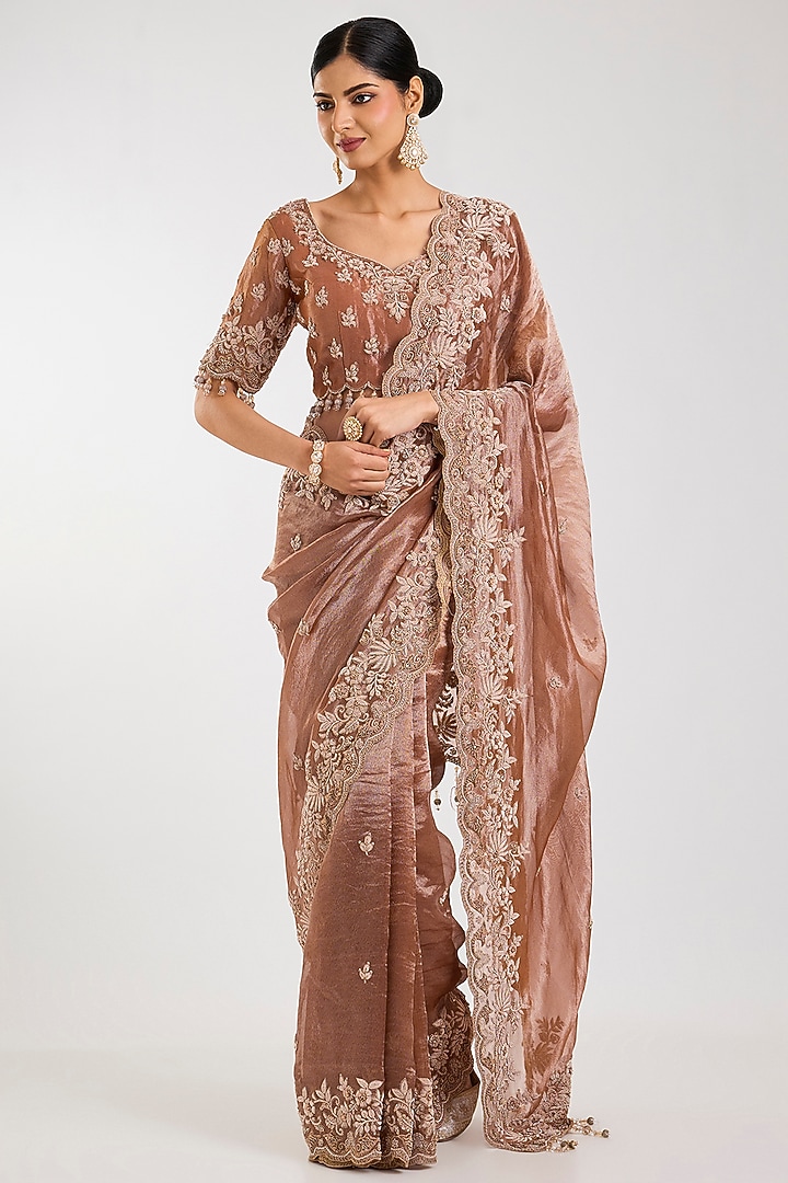 Deep Gold Tissue Embroidered Bridal Saree Set by Kalighata at Pernia's Pop Up Shop