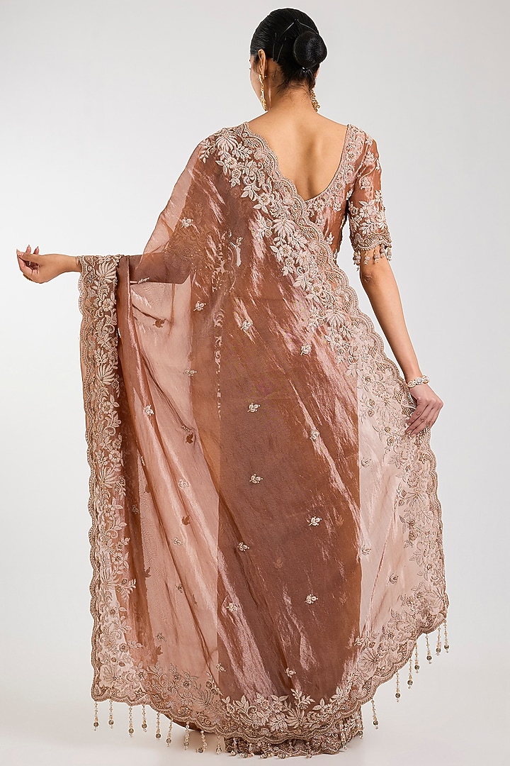 Deep Gold Tissue Embroidered Bridal Saree Set by Kalighata at Pernia's Pop Up Shop